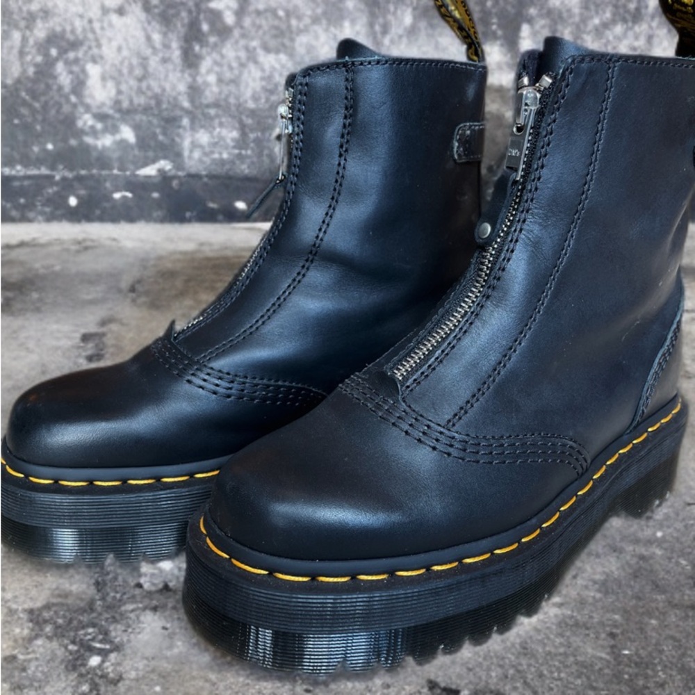 Dr. Martens Black Leather Platform Combat Boots with Yellow Stitching